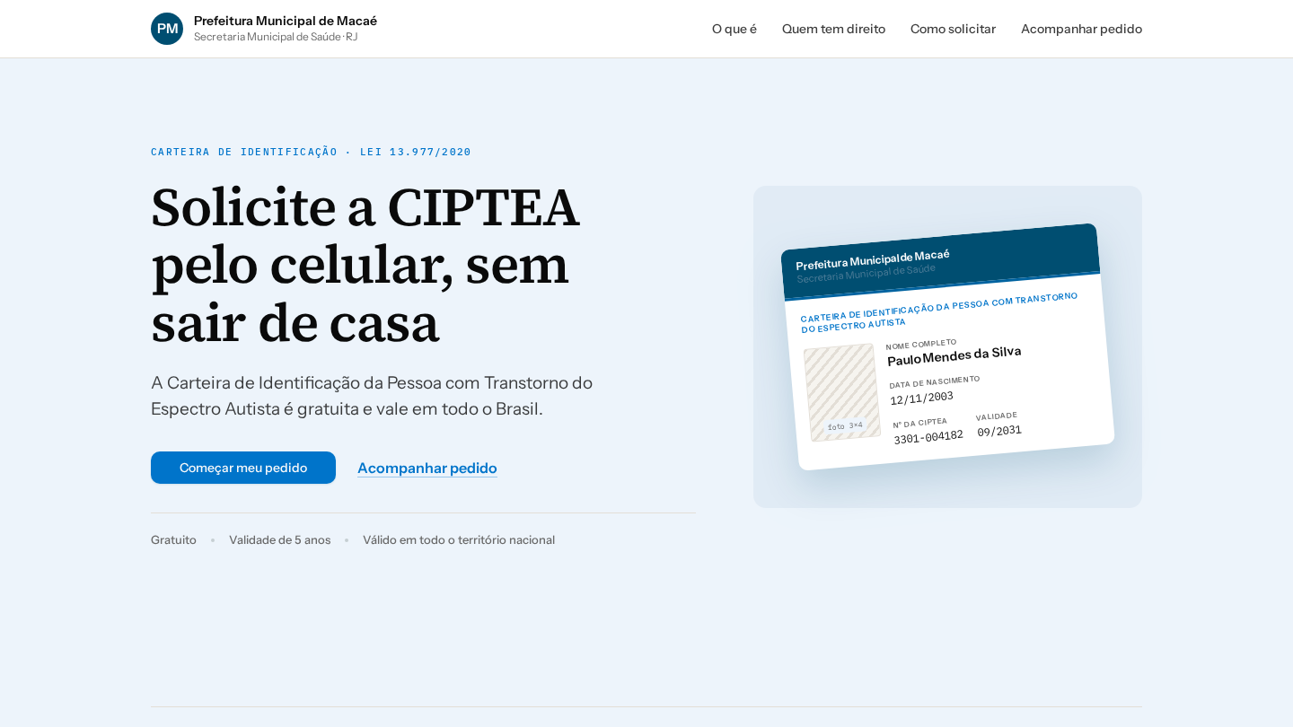 Portal do cidadão da Prefeitura de Macaé com a chamada para solicitar a CIPTEA pelo celular e a prévia da carteira